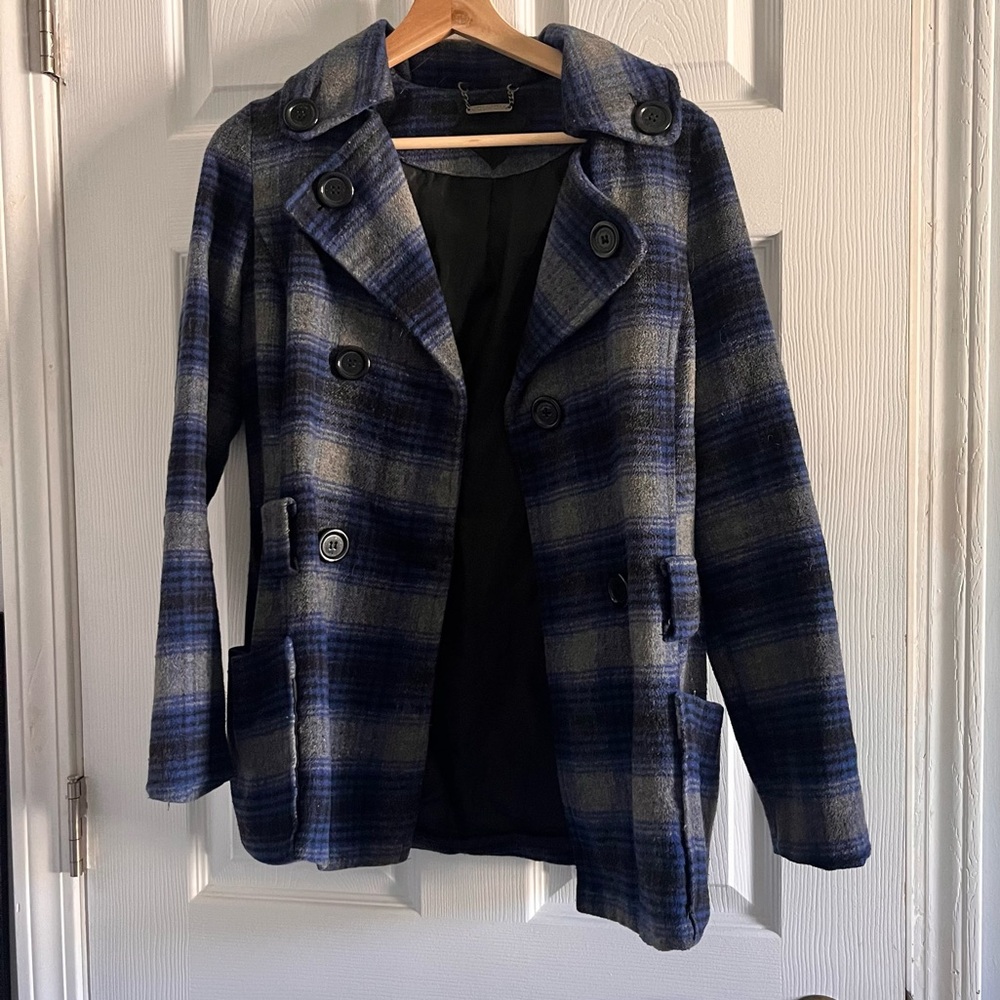 Blue and gray plaid pea coat